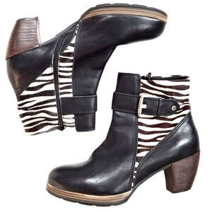 Wolky Black Leather Zebra Calf Hair Heeled Comfort Ankle Boots 7986 EU 41 US 9.5